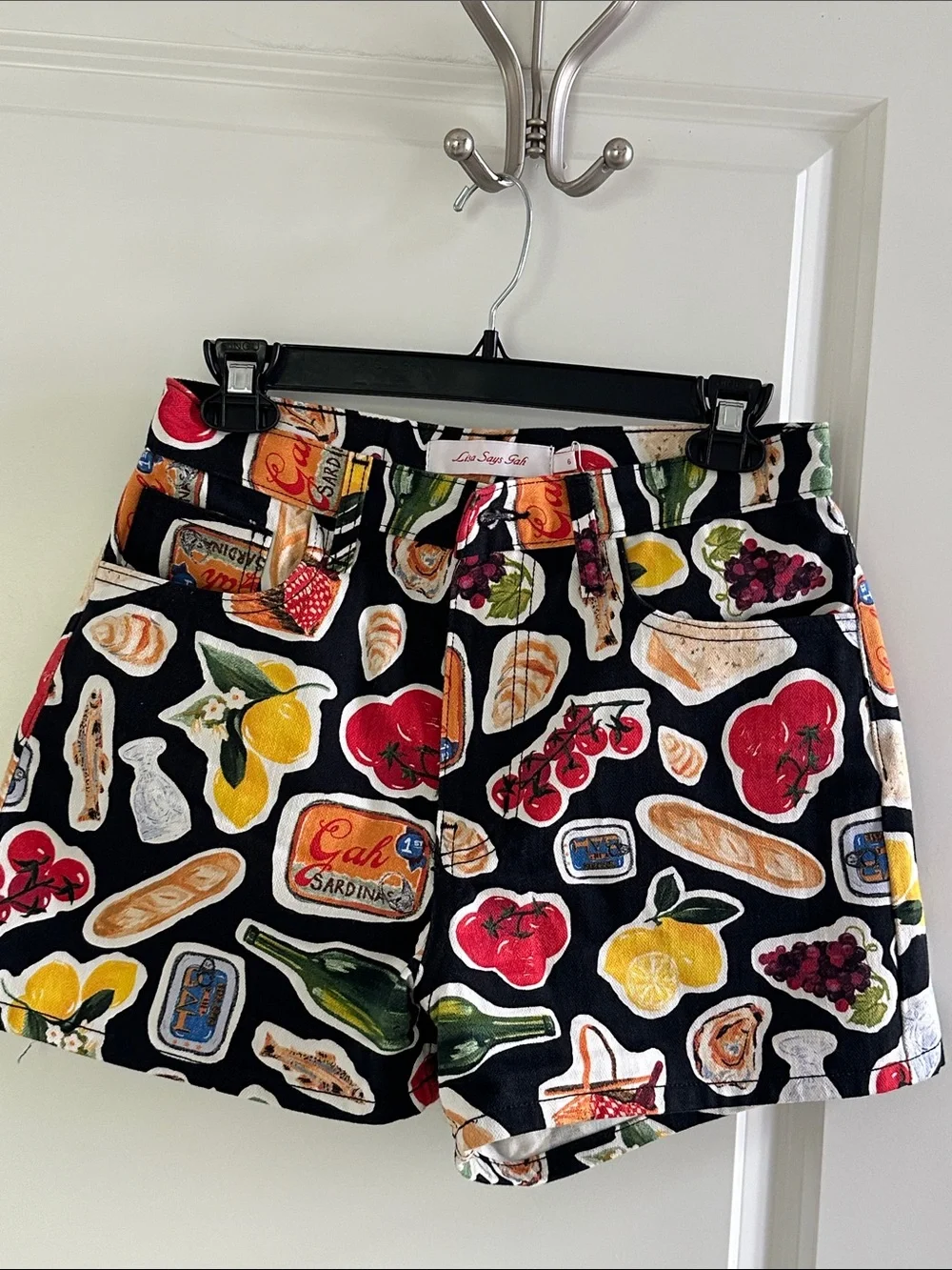 Lisa Says Gah Black Multi Fruit & Food Print Jean Shorts